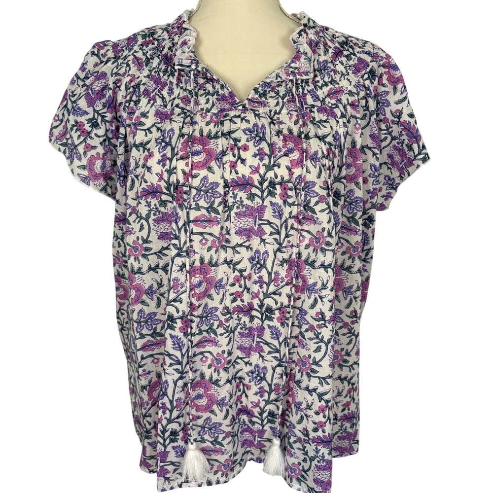 Celina Moon‎ Anthropologie Cotton Smocked Blouse Lavender Floral Block Print Top